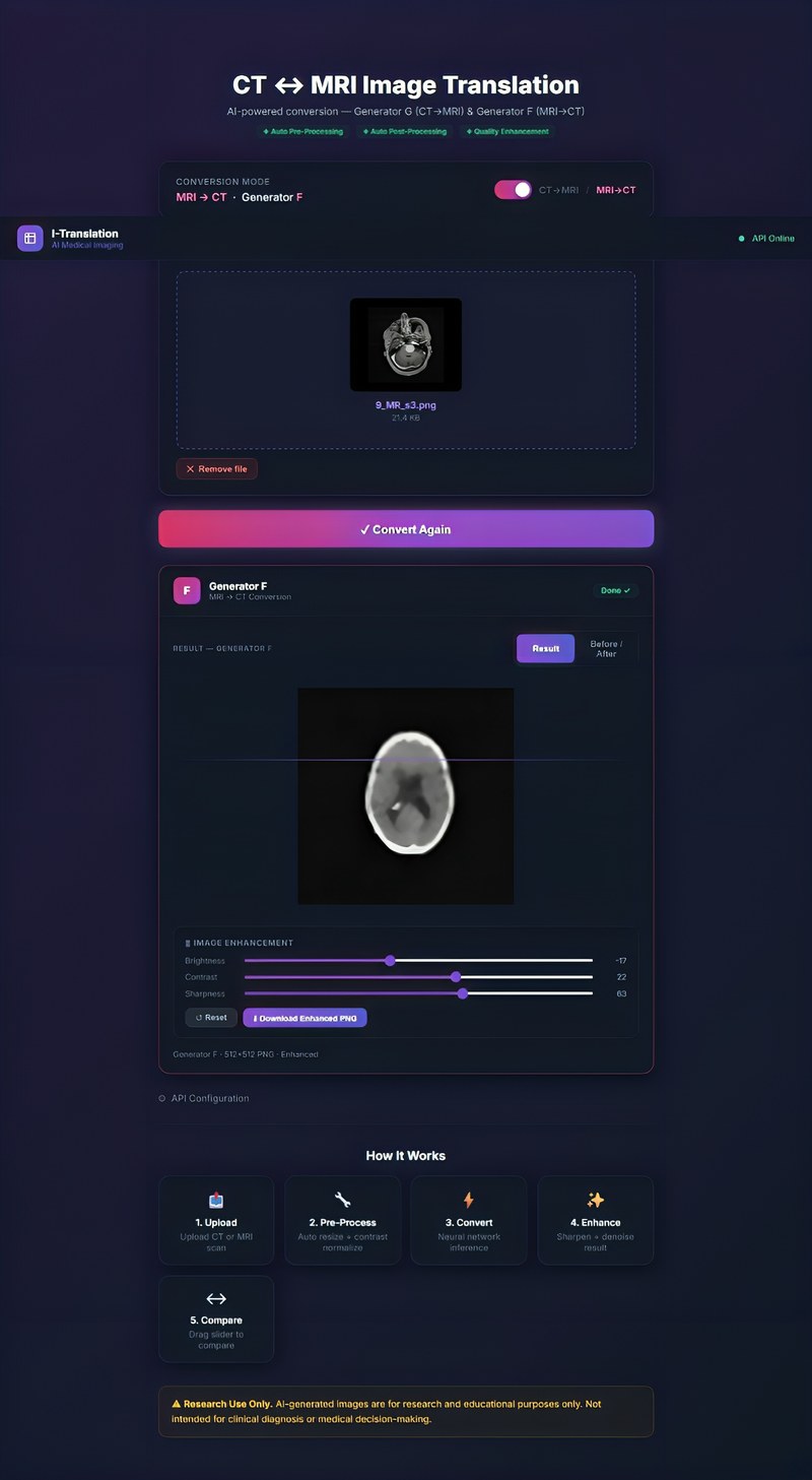 App demo: MRI to CT brain image conversion using Generator F — demonstration of real-time conversion outcome
